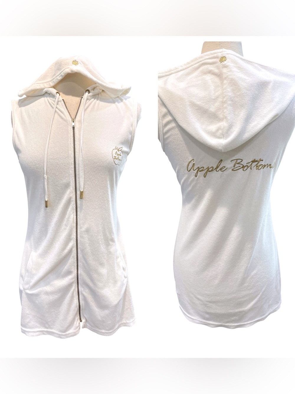 Apple Bottoms Y2K Terry Cloth Hoodie Mini Dress Coverup SZ L White Gold